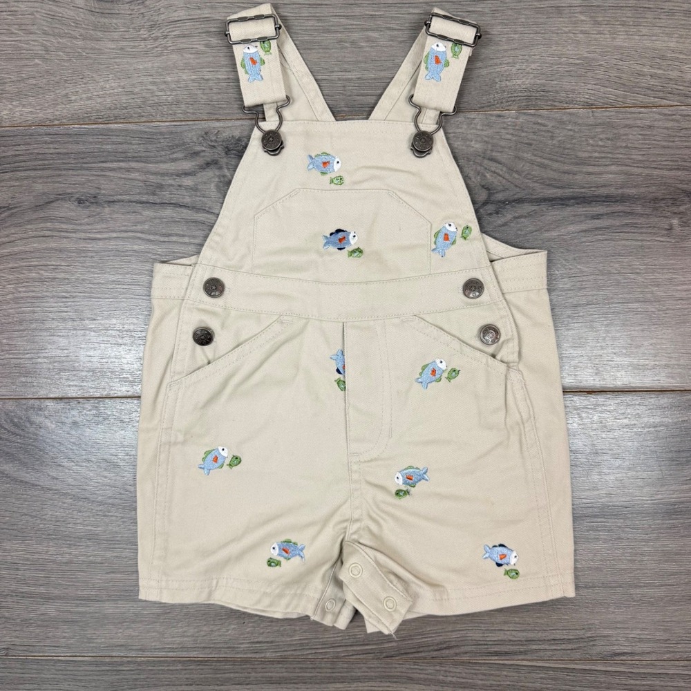 BT Kids Fish Embroidered Khaki Cotton Shortall Overalls 12M Preppy Fisherman